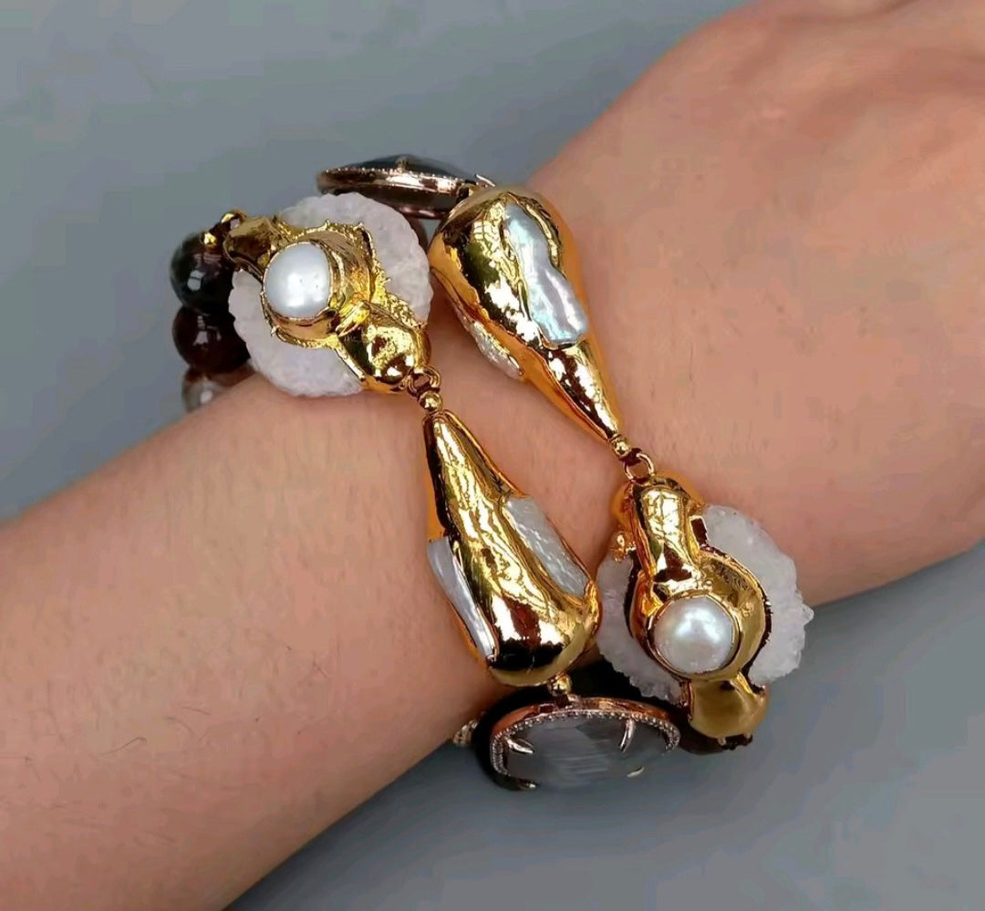 Set Collar y Pulsera Agatas de Fuego, Perla, Cuarzo