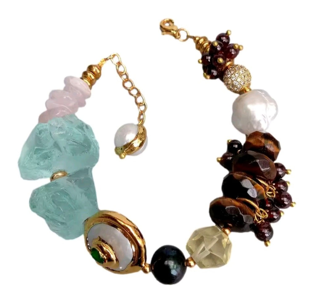 Set Pantalla y Pulsera Cuarzo Rosa, Perla de Agua Dulce Natural y Ojo de Tiguere