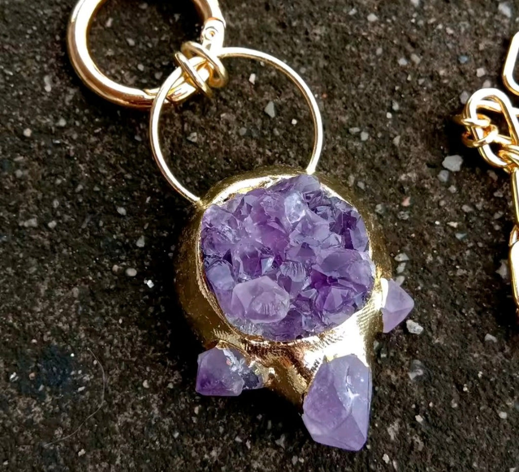 Collar Colgante de Amatista Purpura Natural, Chapado en oro 18k con Perlas Cultivadas Naturales