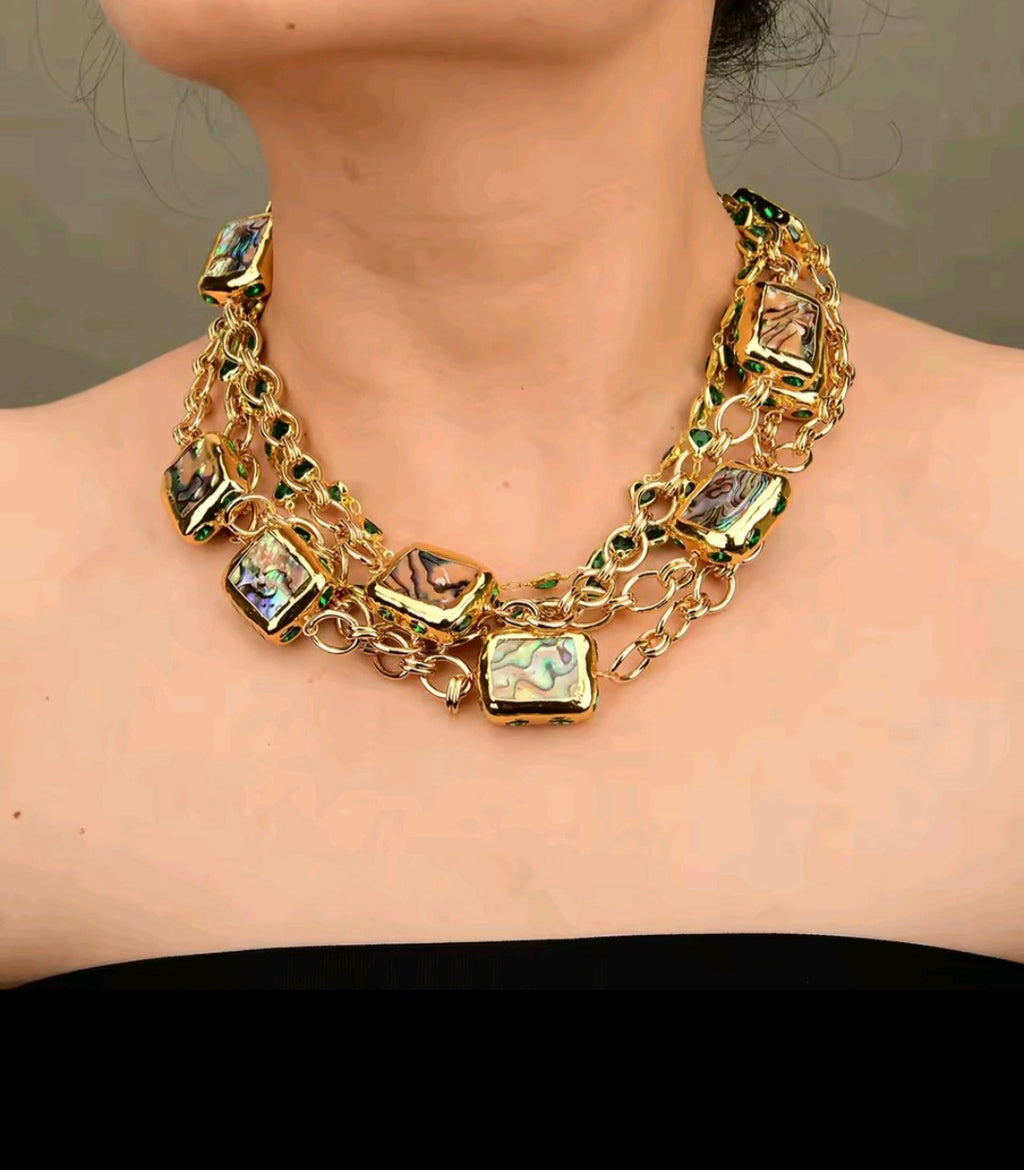 Set Collar y Pulsera Cuentas Envueltas en Cristal Verde y Concha de Abulón Arcoiris Chapado en oro 18k