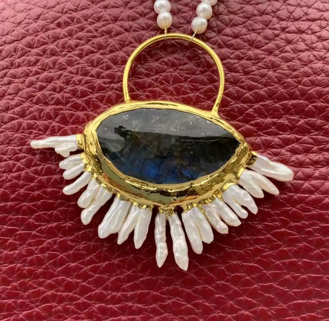Collar de Perlas Naturales de Agua Dulce Perlas keshi de labradorita azul